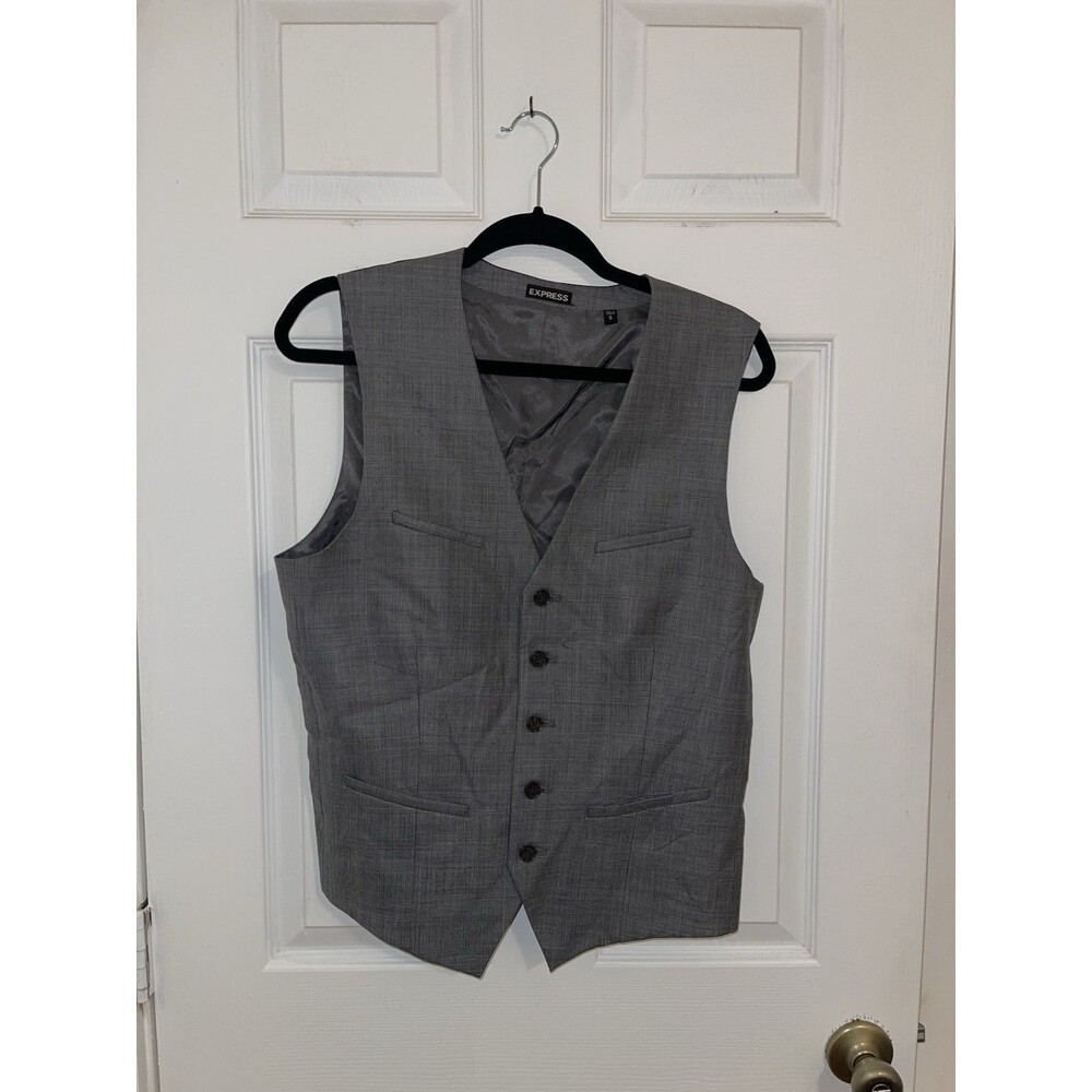 Vintage Express Gray Wool Blend Plaid Formal Men's Vest Adjustable Back Small